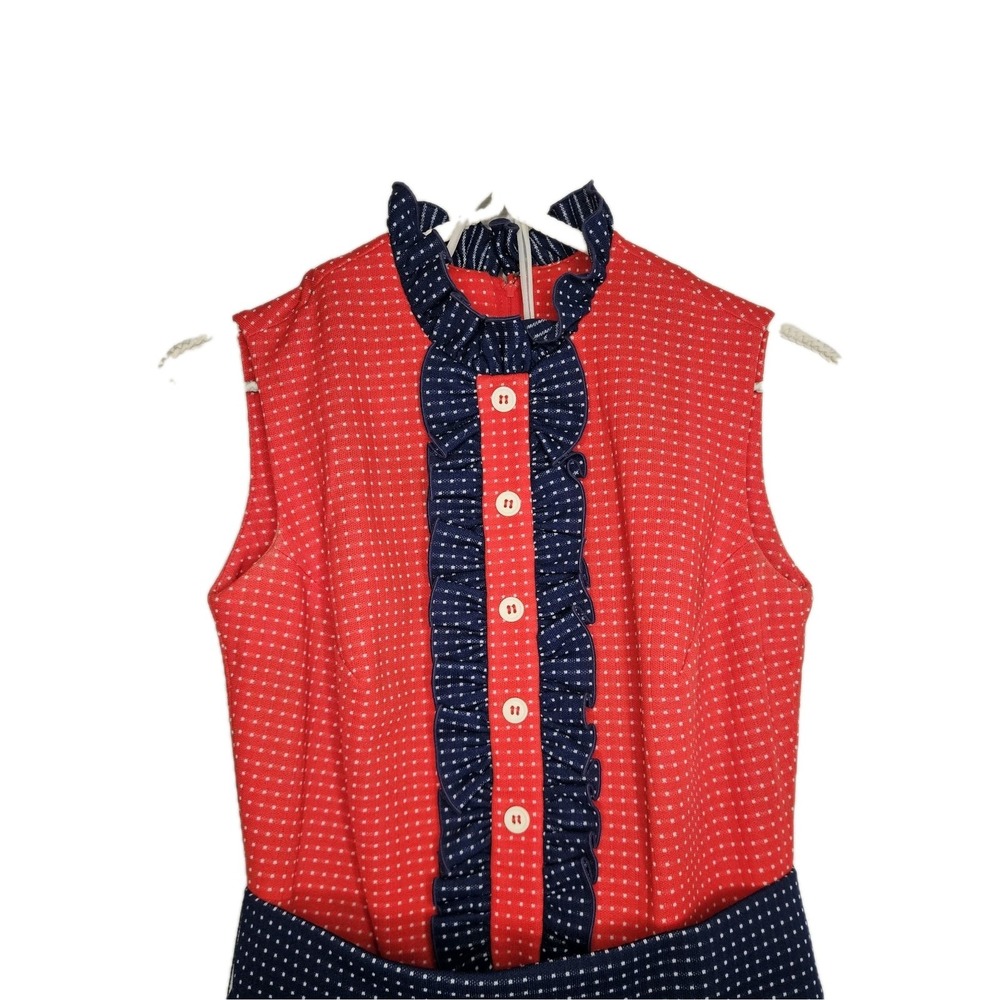 Vintage 70s Bayberry Prairie Maxi Dress Pin Dot Polka Ruffle Americana Red Blue - Picture 2 of 13